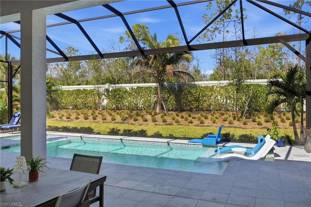 Custom heated pool and spa framed by an expansive screened enclosure and preserve views.