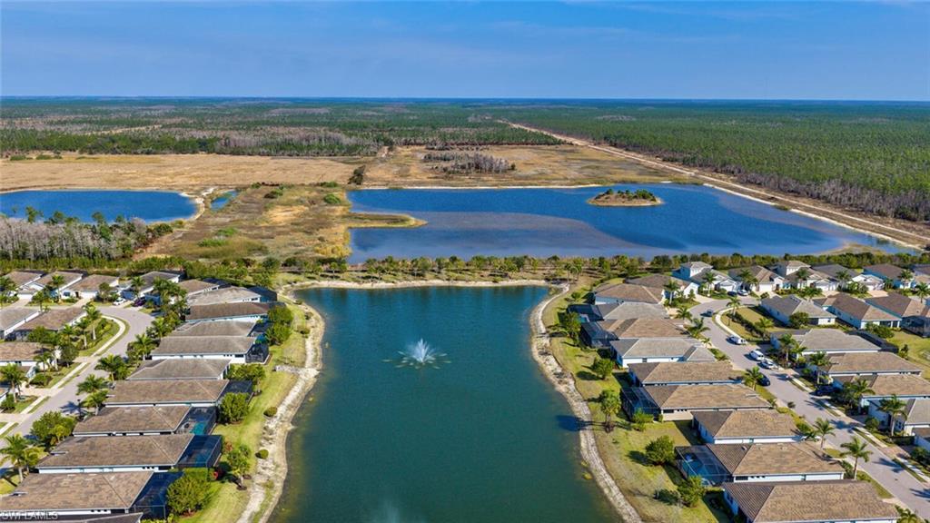 Aerial view of residential area featuring a large body of water and a heavily wooded area