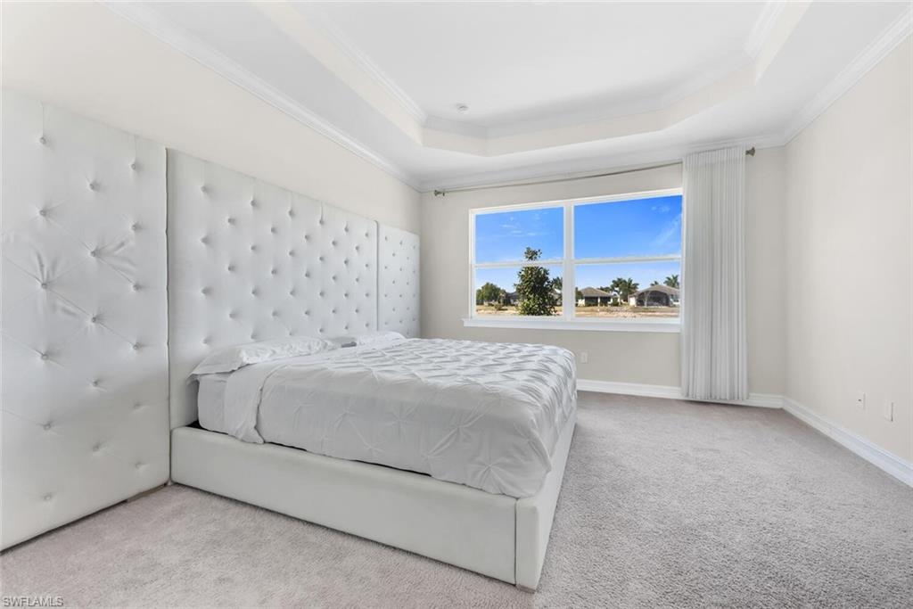 Carpeted bedroom featuring crown molding and a tray ceiling
