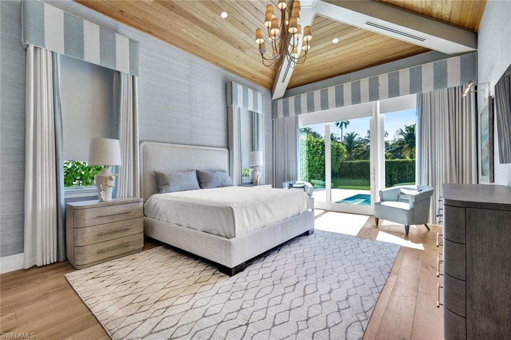 Bedroom with wallpapered walls, access to exterior, wood ceiling, hanging lights, and light wood-style flooring