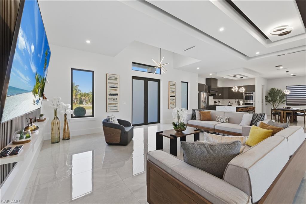 Living area with hanging lights