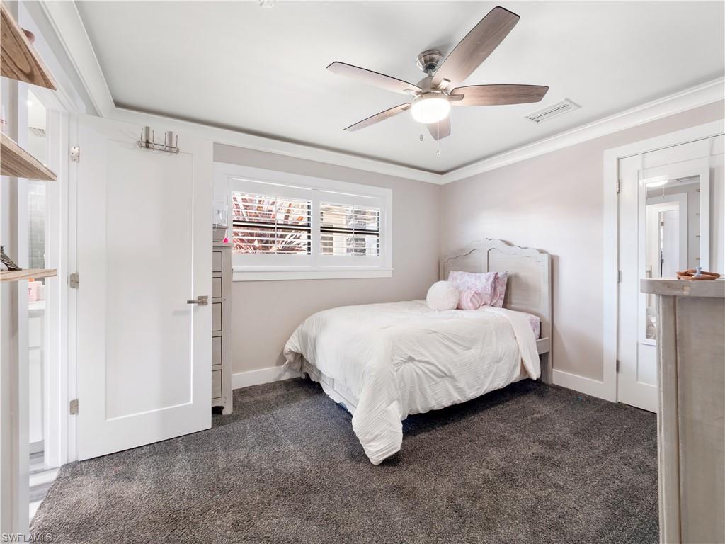 Carpeted bedroom with crown molding and a ceiling fan