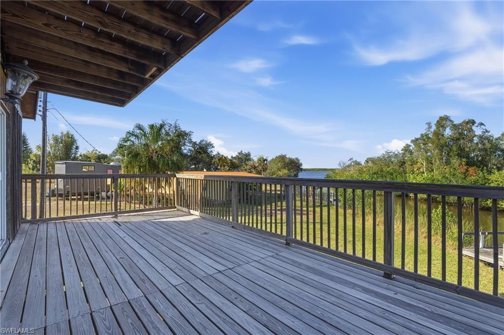 Wooden deck with a water view