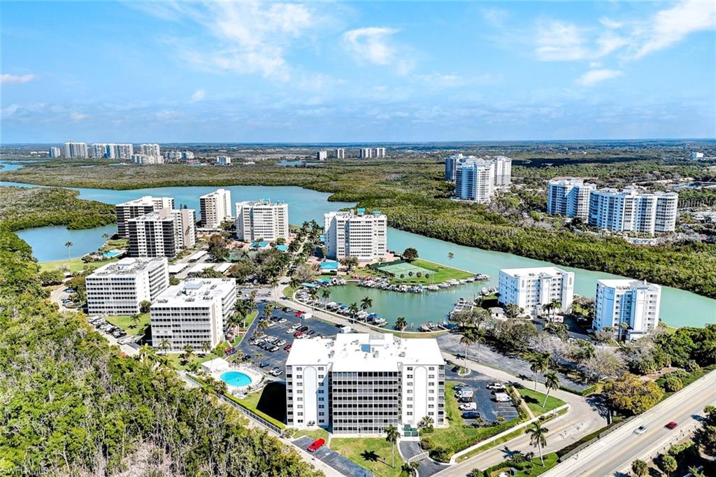 View of urban area with a large body of water