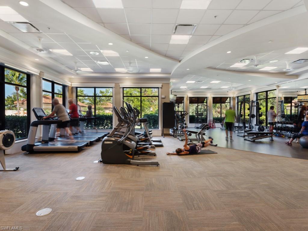 Gym featuring a paneled ceiling and light colored carpet