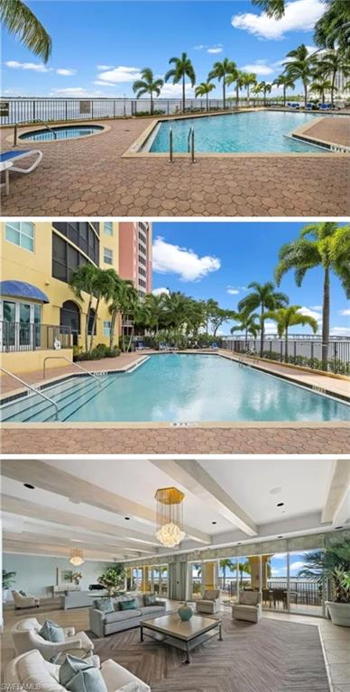 Community pool with a patio