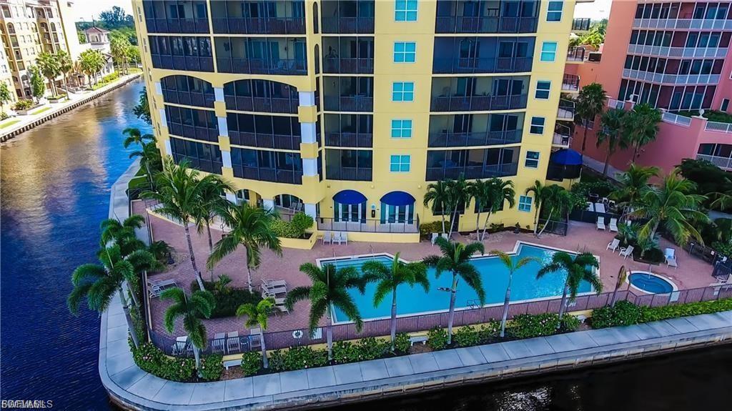 Community pool with a water view