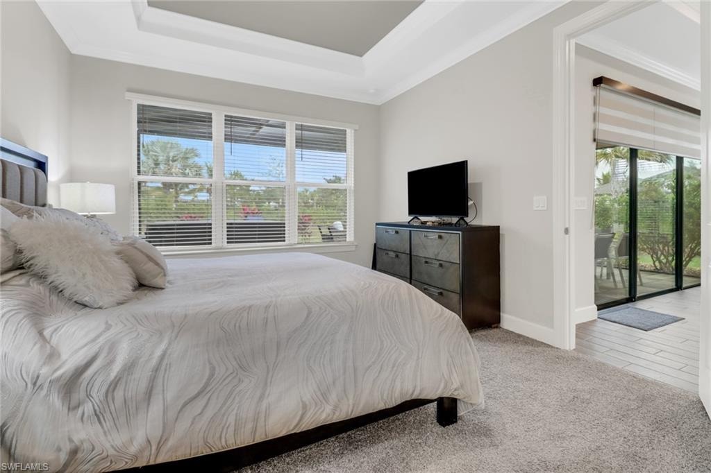 Bedroom featuring multiple windows, access to outside, light carpet, ornamental molding, and a tray ceiling