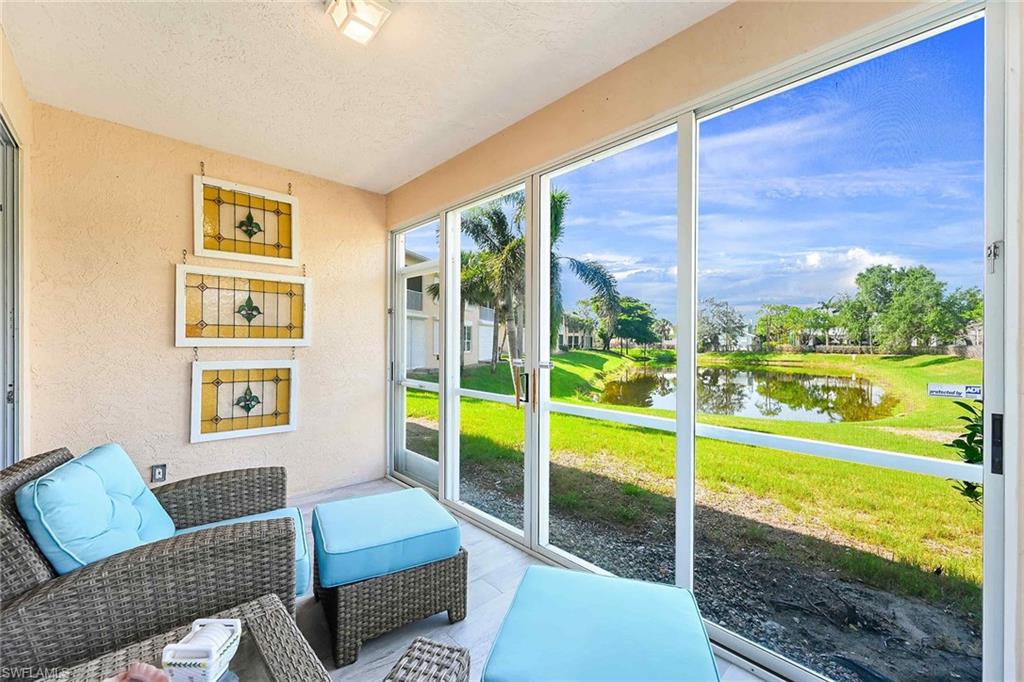 Lanai overlooking pond and fountain