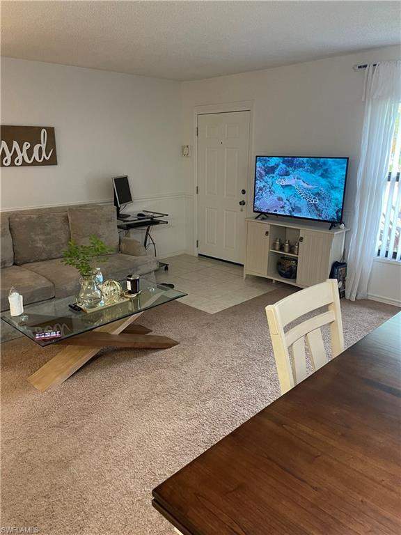 Carpeted living room with a textured ceiling