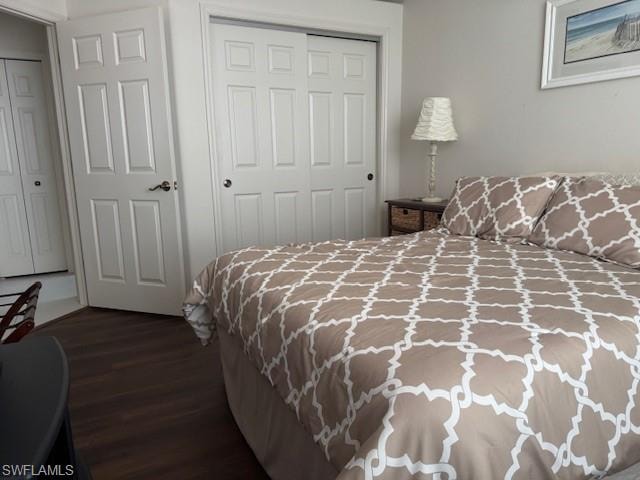 Bedroom featuring a closet and dark wood-style floors