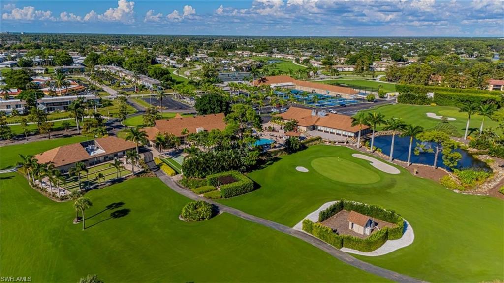 Aerial view of golf course and amenities