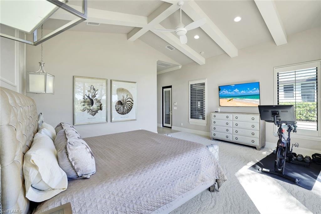 Bedroom featuring light carpet, a ceiling fan, recessed lighting, and lofted ceiling with beams