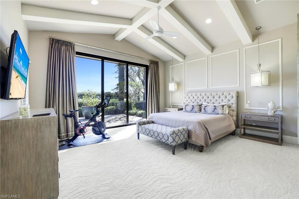Carpeted bedroom featuring a decorative wall, access to outside, beam ceiling, ceiling fan, and recessed lighting