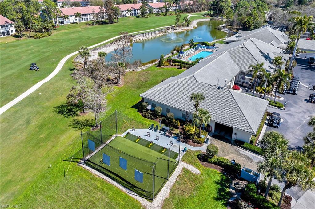 Aerial view of a nearby body of water and a golf course