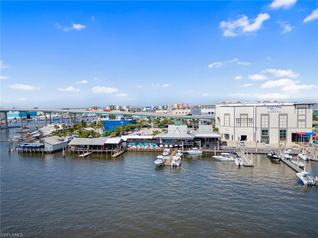 Water view with numerous boat docks