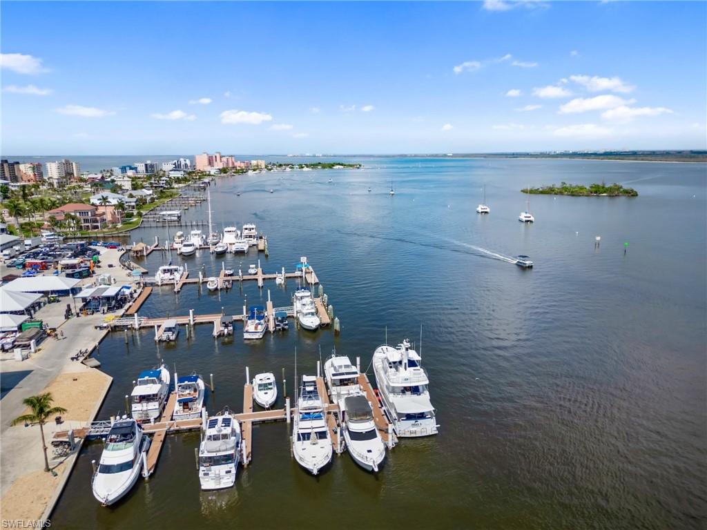 Bird's eye view of a nearby body of water and a marina