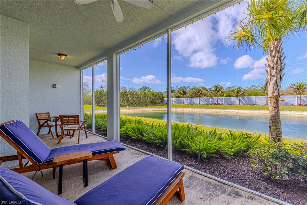 Patio w/ water view & ceiling fan
