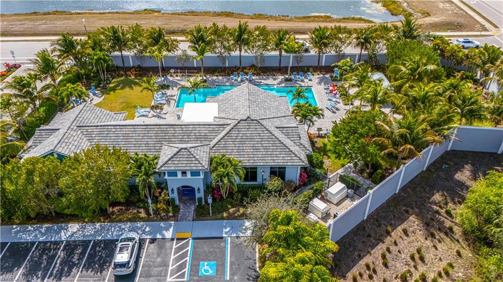Aerial view of community club house & pool