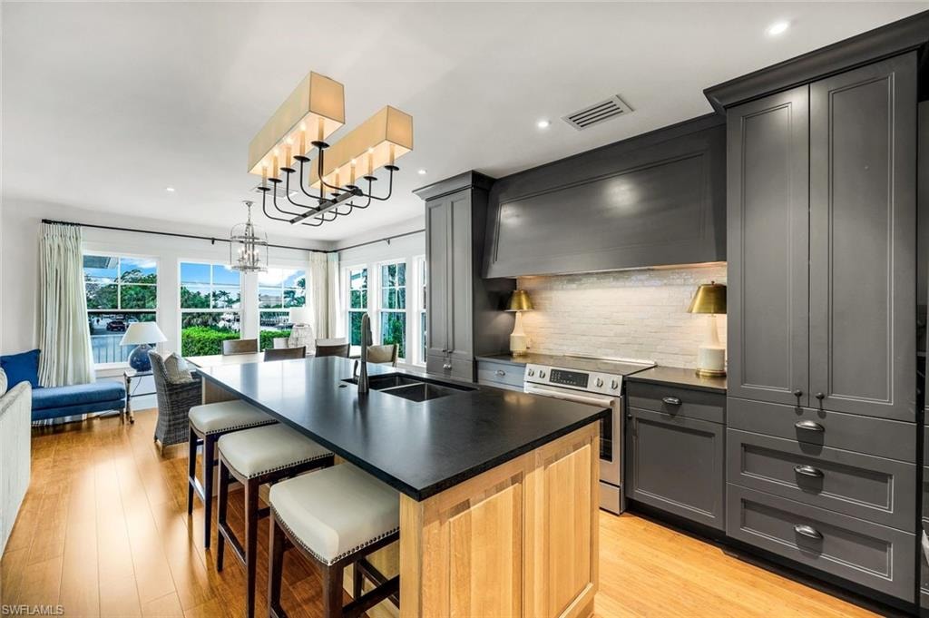Kitchen featuring dark countertops, visible vents, wall chimney range hood, stainless steel electric range, and a sink