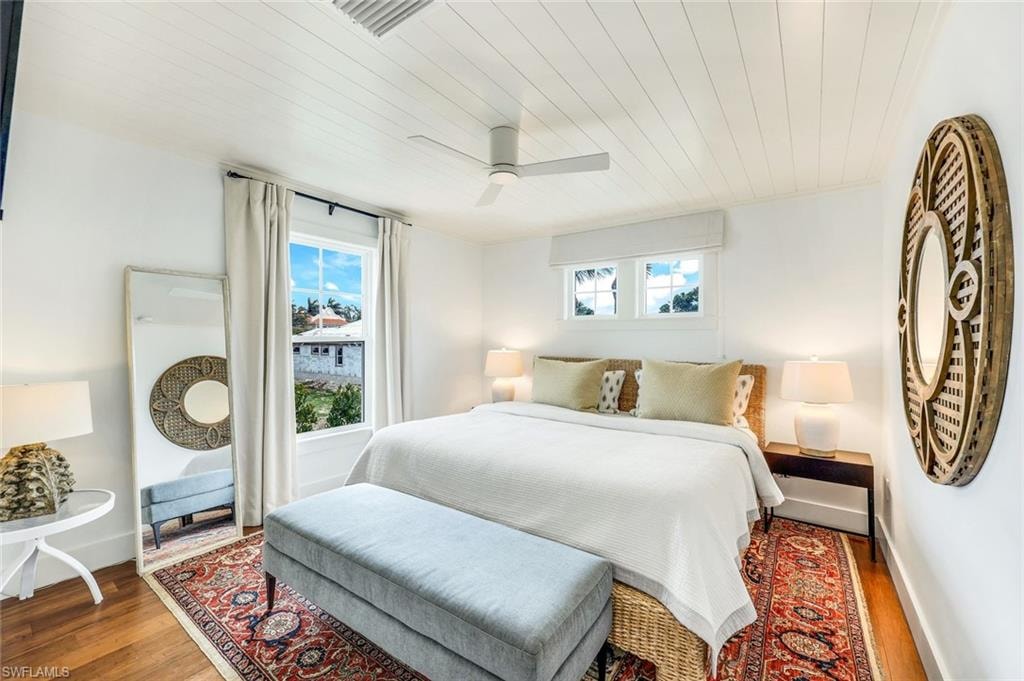 Bedroom with visible vents, wood ceiling, a ceiling fan, and wood finished floors