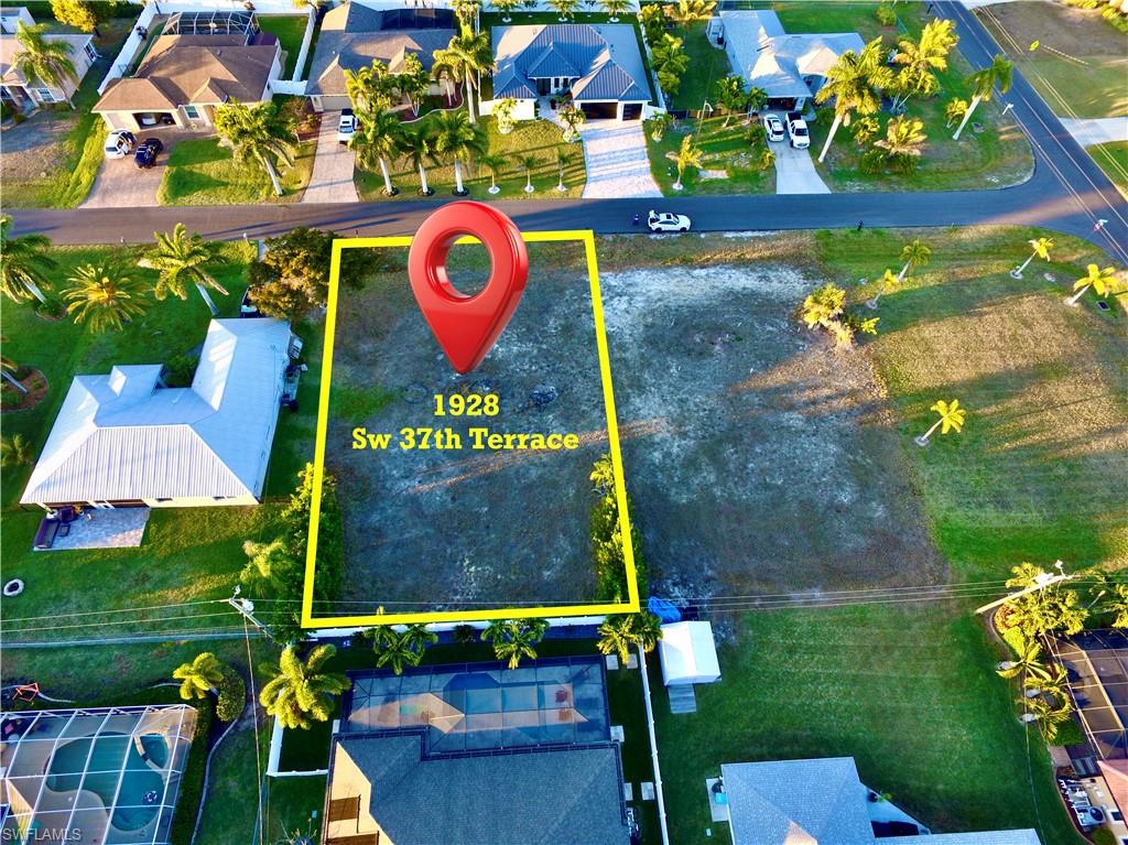 Aerial perspective of suburban area with property boundaries highlighted
