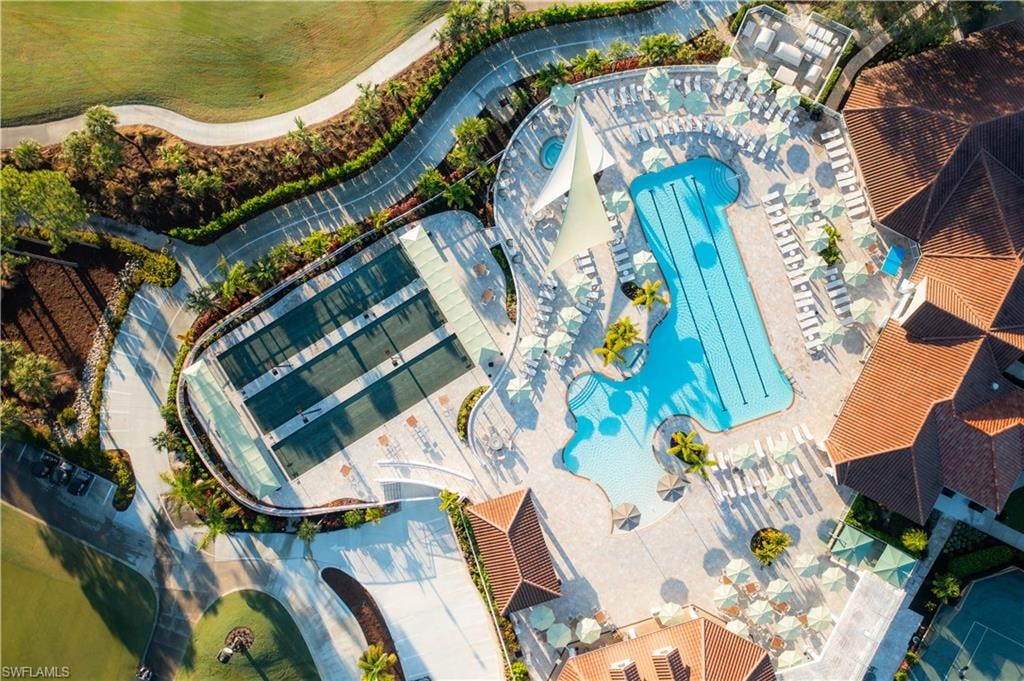 Drone / aerial view of a pool