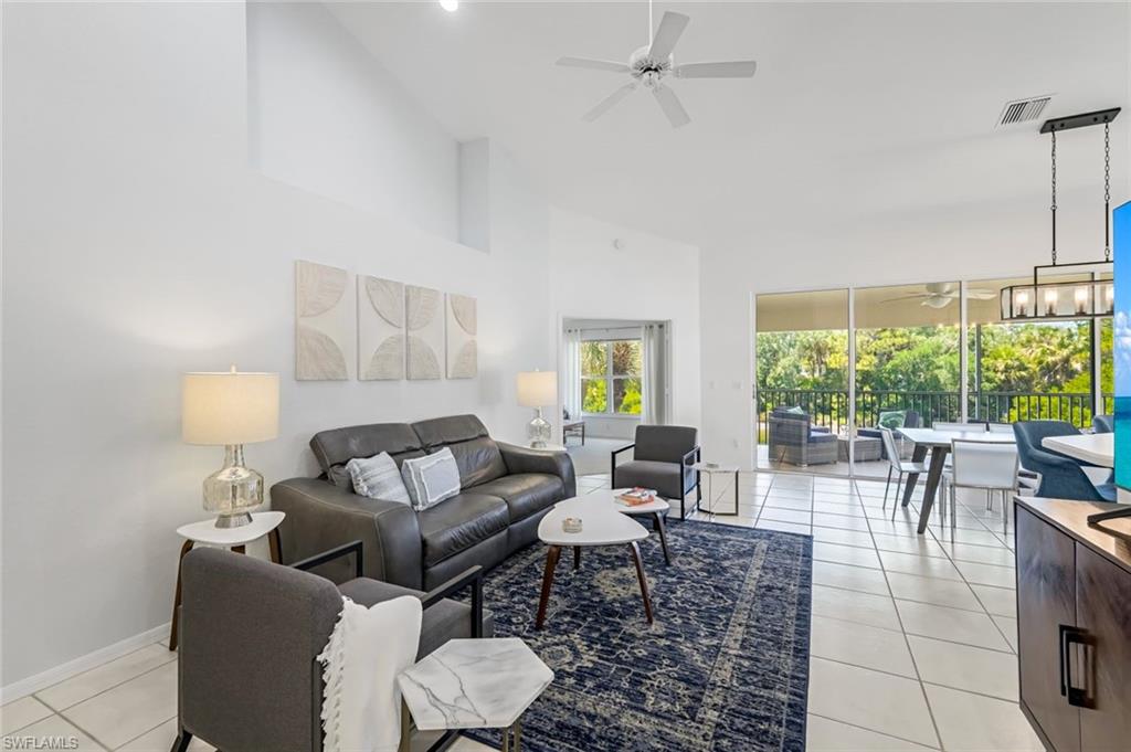 Living area with vaulted ceilings