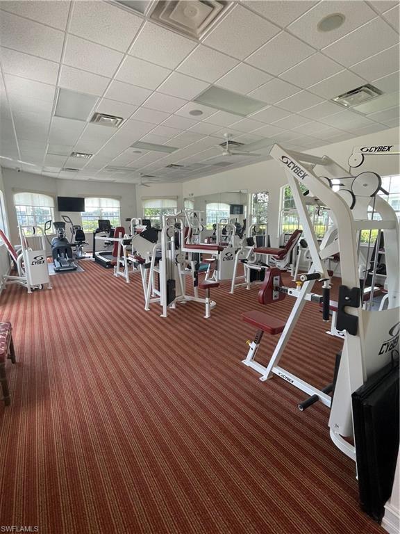Gym with a paneled ceiling and a ceiling fan