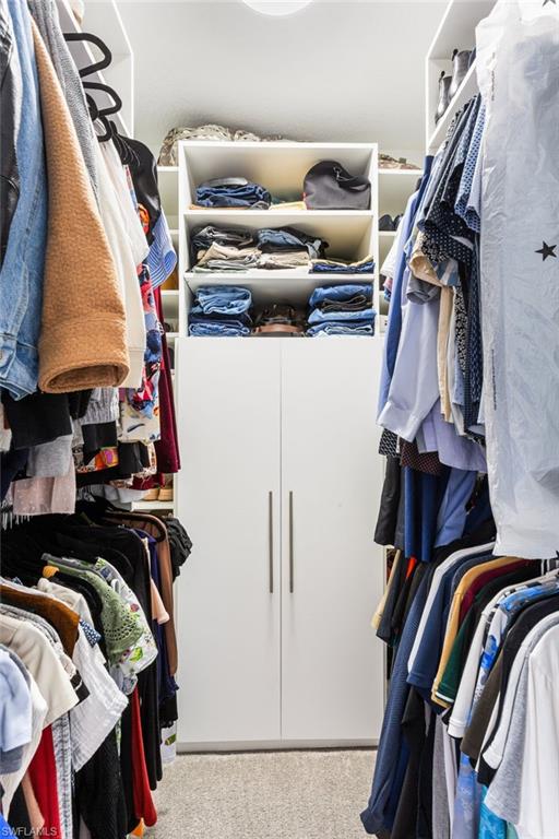 Walk in closet featuring light colored carpet