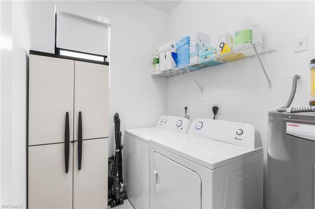 Laundry room featuring water heater and independent washer and dryer