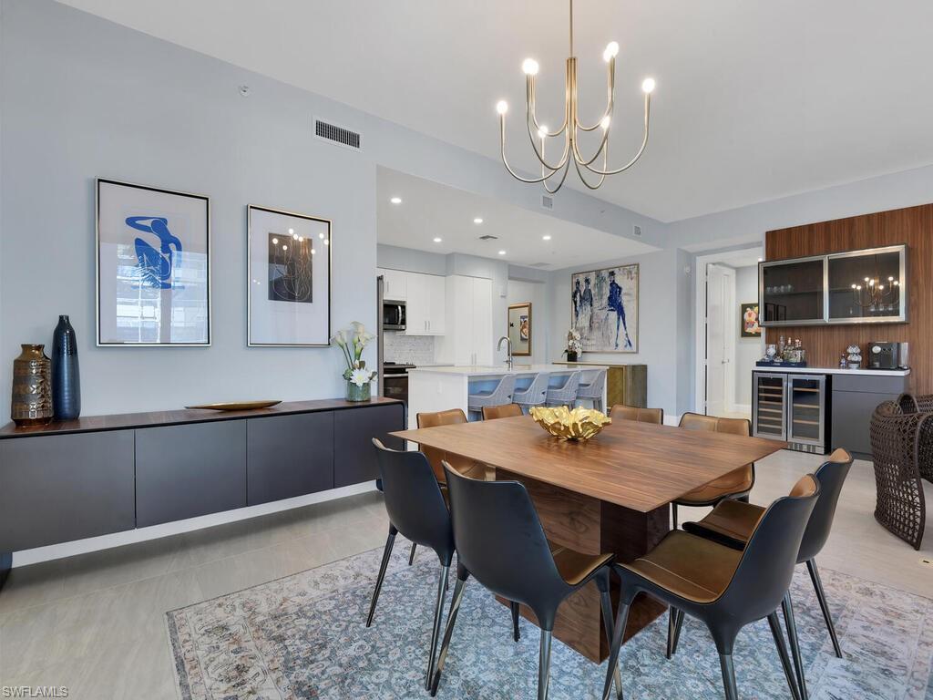 Dining room with suspended lighting
