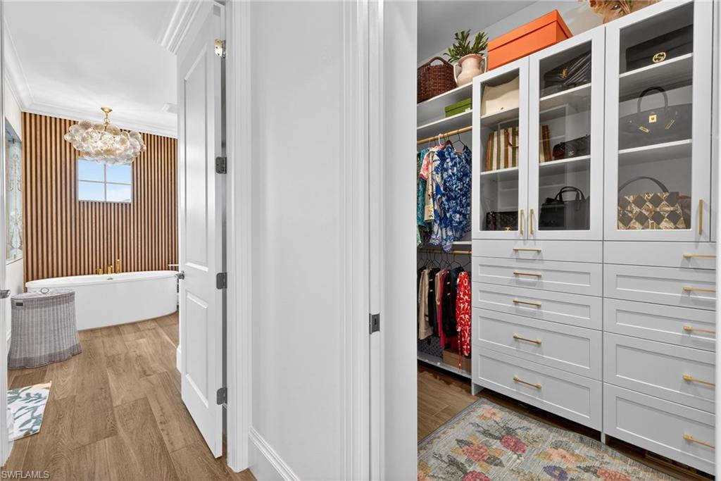 Walk in closet featuring light wood-type flooring and hanging lights