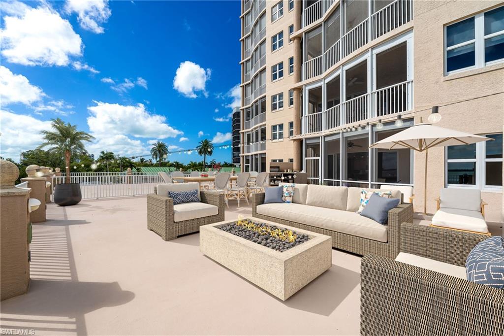 View of priate patio / terrace virtual fire pit for marketing.