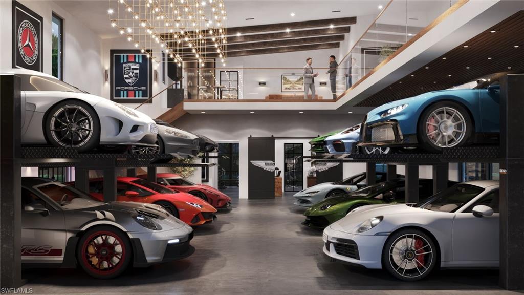OPTIONAL 12-Car Collector's Retreat rendering showing 2 rows of 6 cars on single post lifts