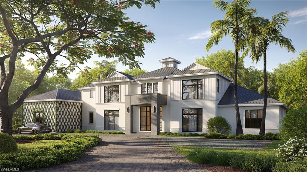 Rendering of modern farmhouse style home featuring a standing seam metal roof, old growth statement trees, and curved driveway