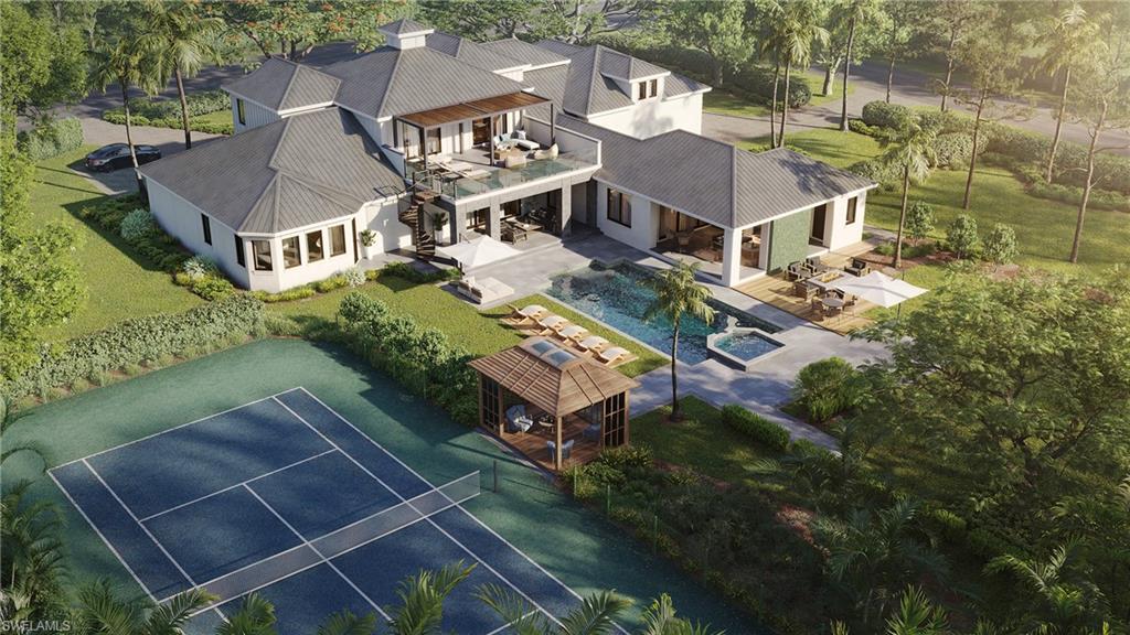 Rendering of property featuring a pool, spa, tennis court, water feature wall, fire pit, and beautiful, lush landscaping