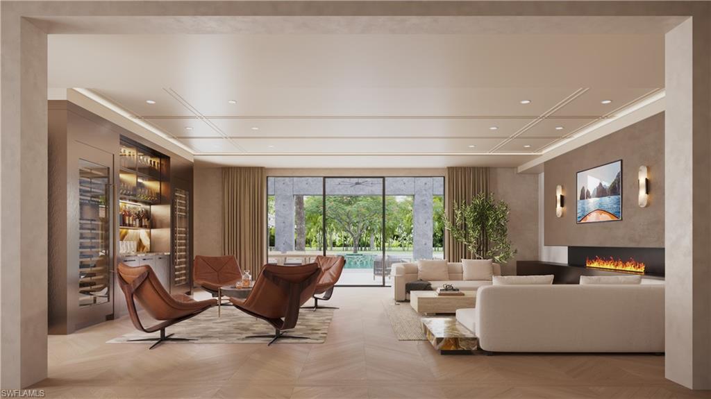 Rendering of great room featuring imported custom furnishings, double-length fireplace, Venetian plaster wall treatment, and backlit built-in bar w/stone counter and full height backsplash