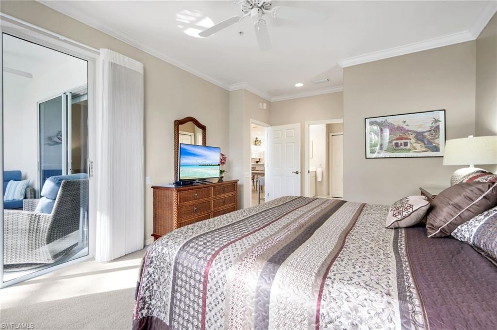 Bedroom with light carpet, ornamental molding, access to exterior, a ceiling fan, and recessed lighting