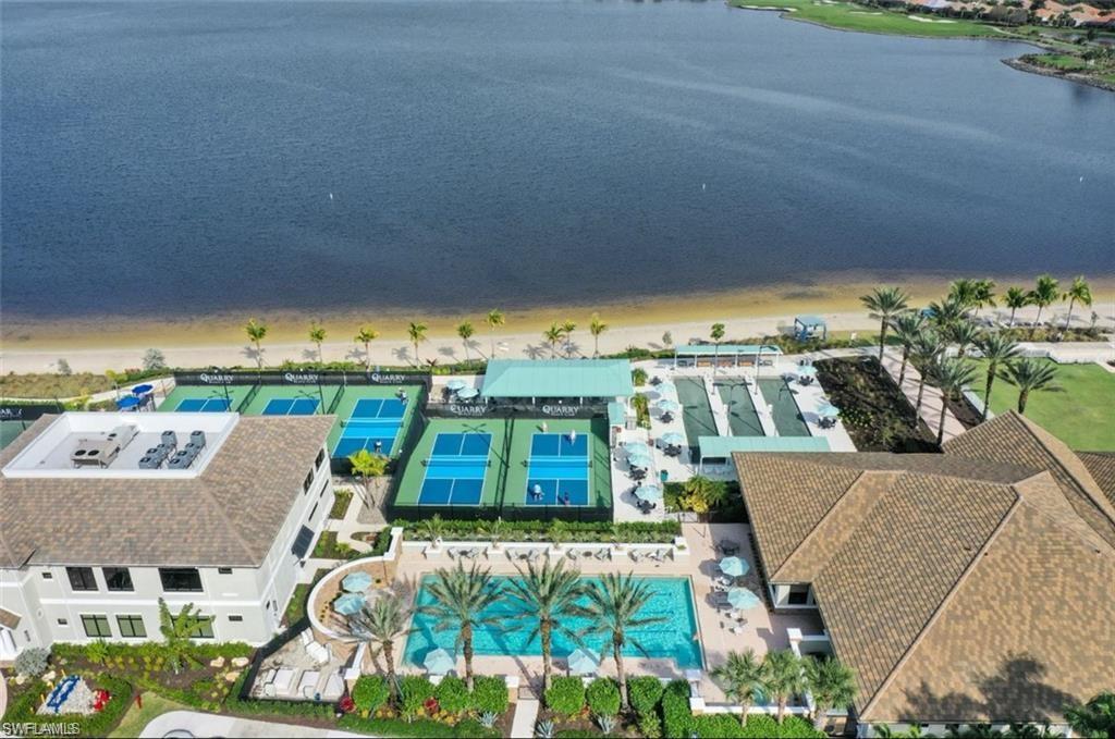 Bird's eye view of a large body of water and a pool