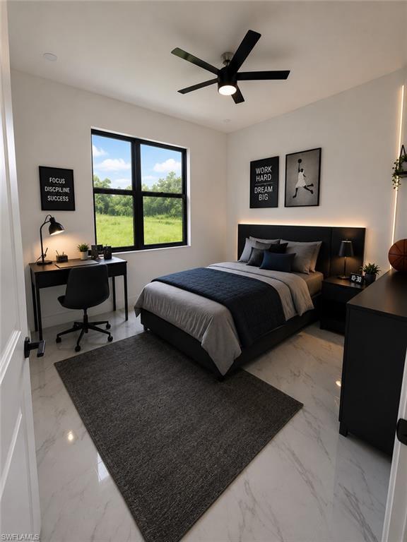 Room featuring large window, recessed lighting, ceiling fan, and tile flooring