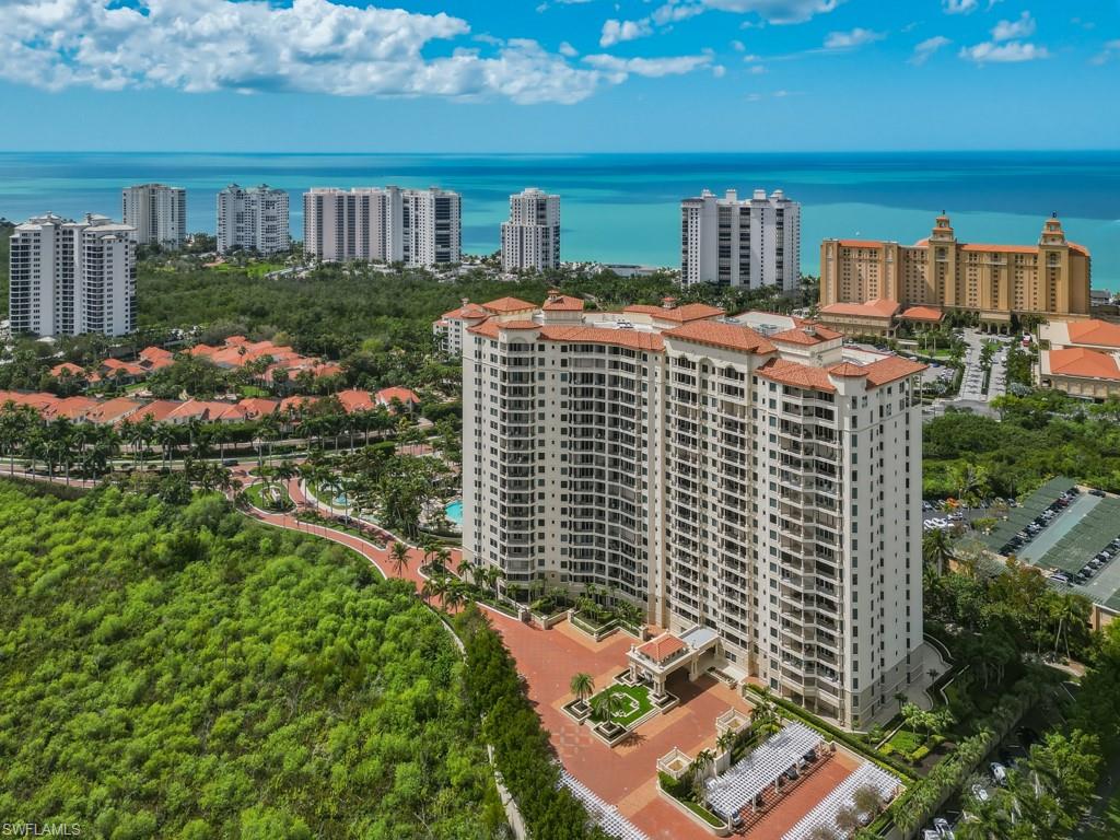 Aerial of building and the Gulf skyline