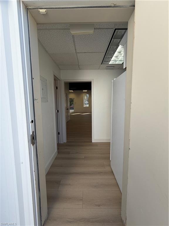 Corridor with light wood-style floors, a paneled ceiling, and electric panel