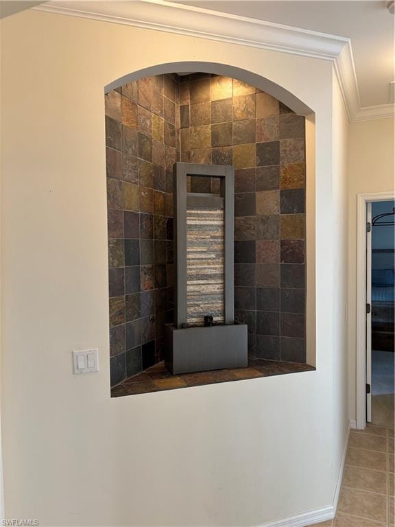 Detailed view of ornamental molding and baseboards