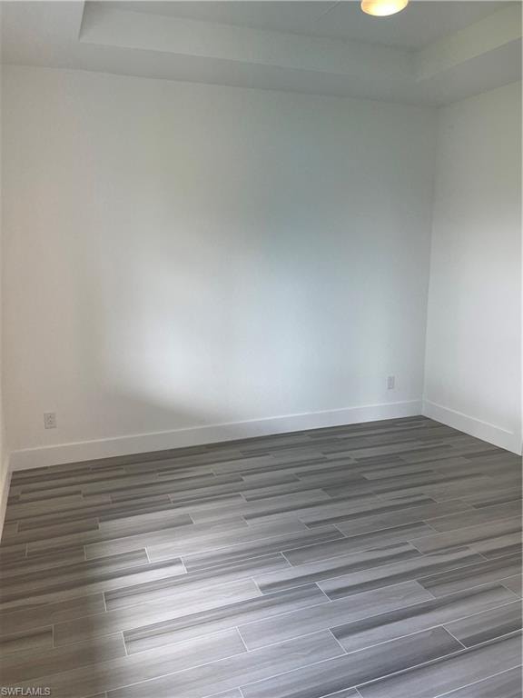 Spare room with a tray ceiling and wood finish floors
