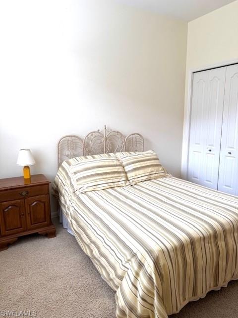 Bedroom with a closet and light carpet
