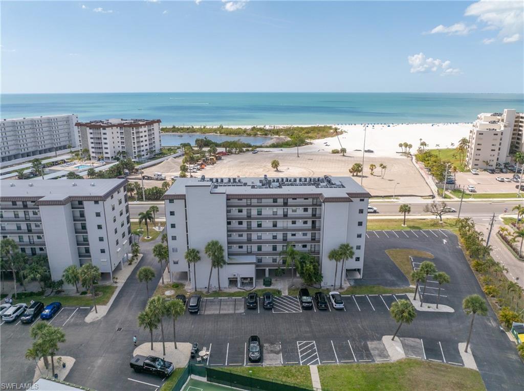 Drone / aerial view of Estero Cove and the beach across the street.