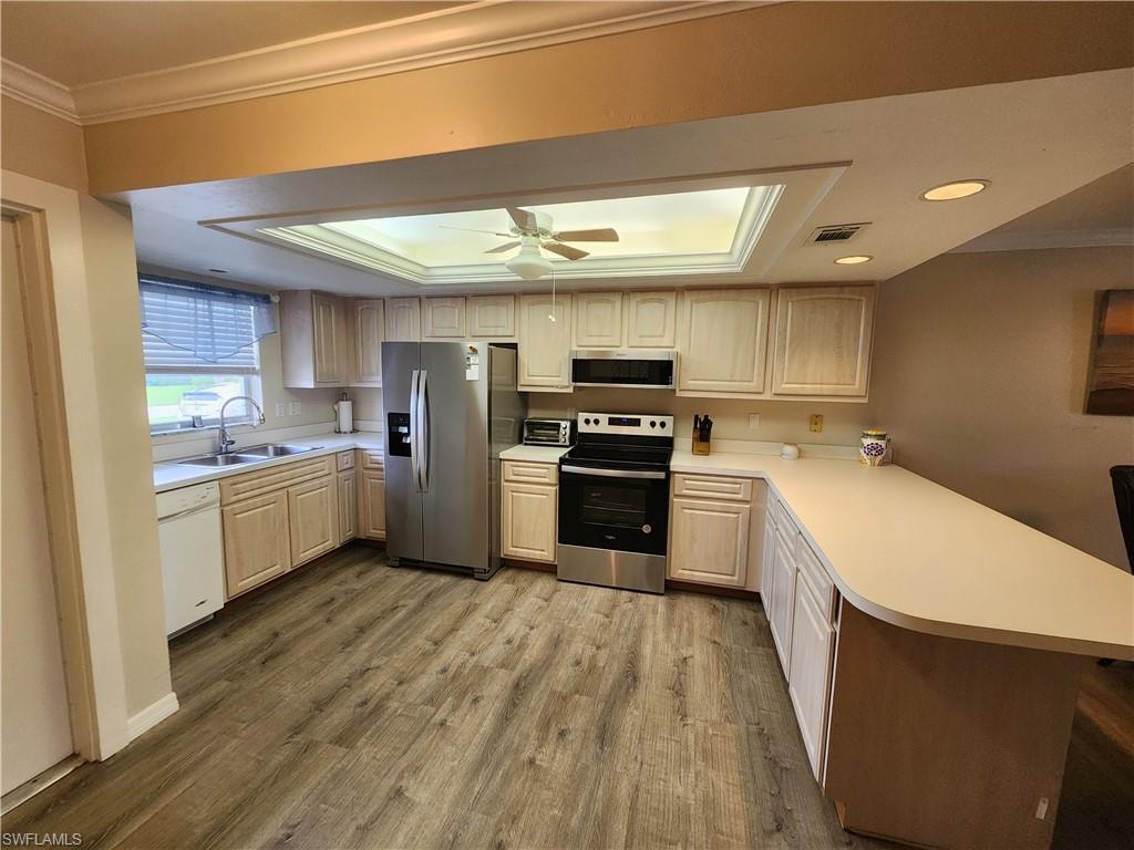 Kitchen with crown molding, a peninsula, light wood finish cabinets, stainless steel appliances, and light countertops