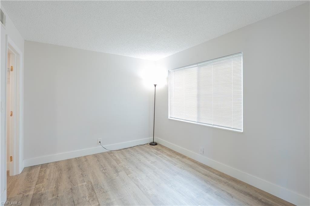Unfurnished room with a textured ceiling and light wood-style floors