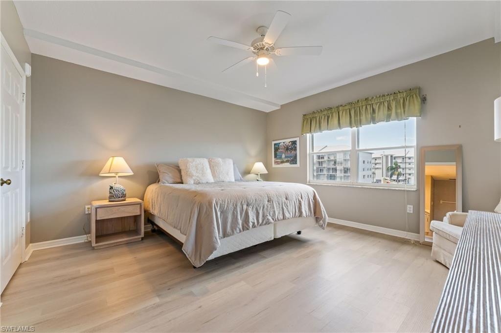 Bedroom featuring light wood finished floors and ceiling fan